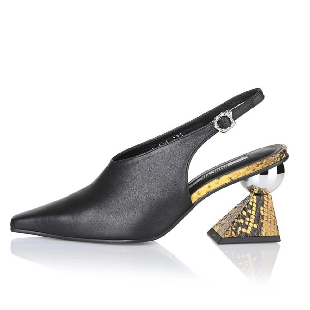 Black & Yellow Slingback pumps w sculptural block heel & mirror ball accent.US9 - Picture 7 of 16